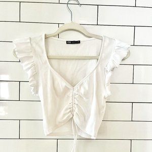 ZARA White Ruffle Crop Top Size Medium Flutter Sleeve